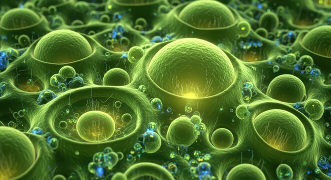 Microscopic view of vibrant green biological cells or structures in closeup