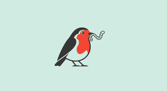 European robin bird holding a worm in its beak.