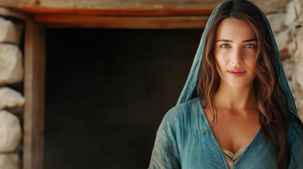 Fototapeta premium Mary standing at the empty tomb of Jesus with stone rolled away and dawn light filling the scene
