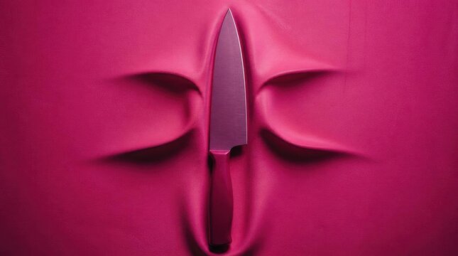 A surreal close-up of a vibrant pink material, deeply cut open to reveal a sharp knife nestled within.