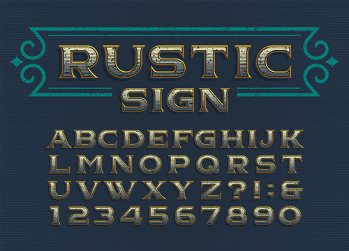 Rustic sign alphabet font. Faded distressed letters and numbers with a scratched dirty texture. Vector typescript for badge design, poster titles, western labels, and antique signage.