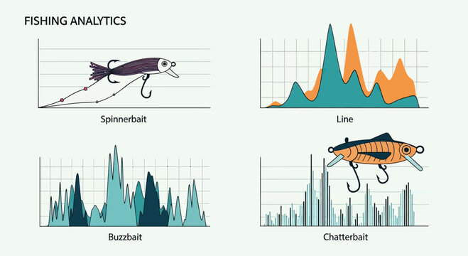 Fishing analytics dashboard showing lure types and catch data