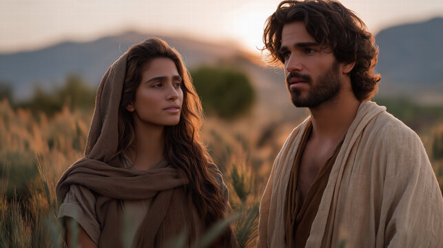 Boaz and Ruth standing together in the field, biblical scene of kindness and redemption