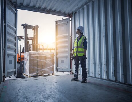 Warehouse Worker Supervising Forklift Loading Cargo into Shipping Container.