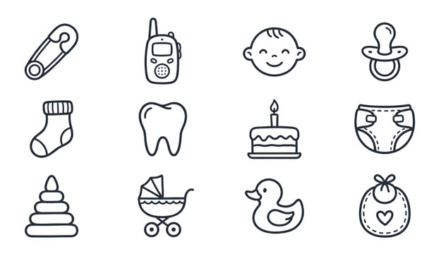 Pregnancy and newborn baby care line icon set with minimalist maternity pregnant woman fetus diaper footprints and nursery symbols isolated on white background