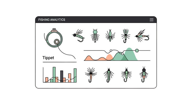 Fly fishing analytics interface with flies and charts.