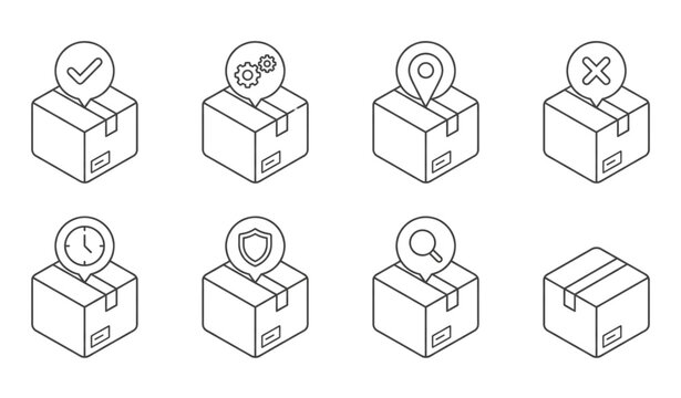 Delivery package and logistics flat vector icon set with colorful shipping tracking parcel and warehouse order status symbols isolated on white background