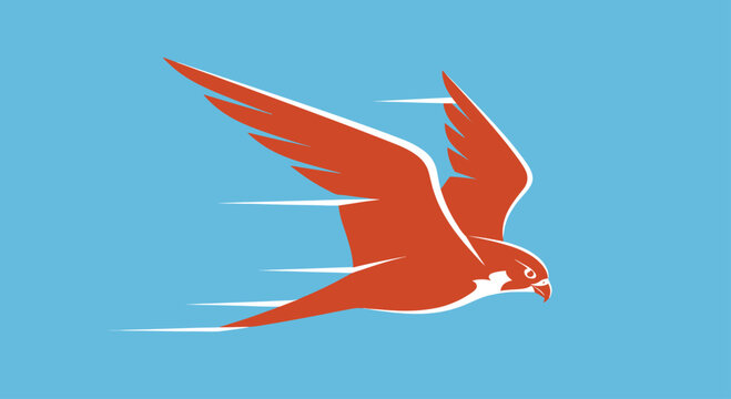 Flying red hawk diving on light blue background.