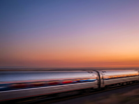 Speeding passenger train moving fast through a beautiful landscape during sunset