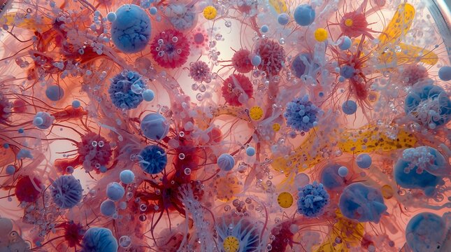 Artistic microscopic view of microbial culture, complex organic patterns of cells and bacteria