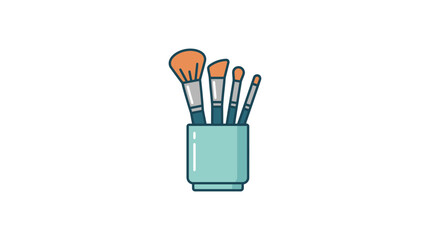 A set of four makeup brushes standing upright inside a light blue cylindrical container. © apriliantobima