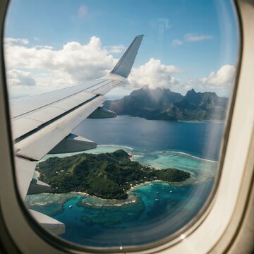 Aerial view of bora bora island and lagoon from an airplane window