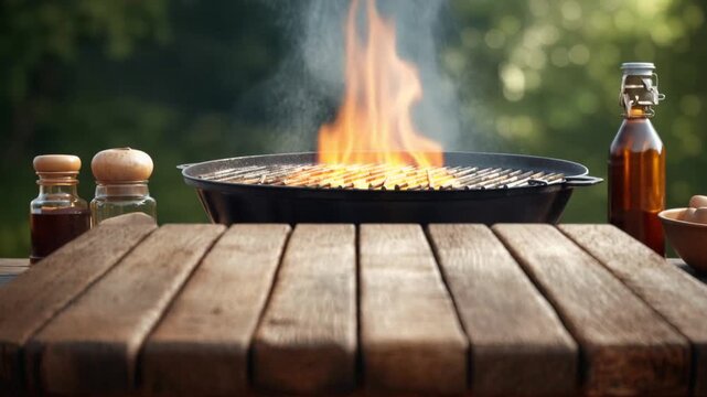 Rustic wooden table surface with blurred outdoor grill fire and seasoning bottles in natural background for barbecue cooking and summer party setting