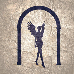 Obraz premium Fantasy woman angel with huge bird wings. Lady goddess walking through arch doorway.
