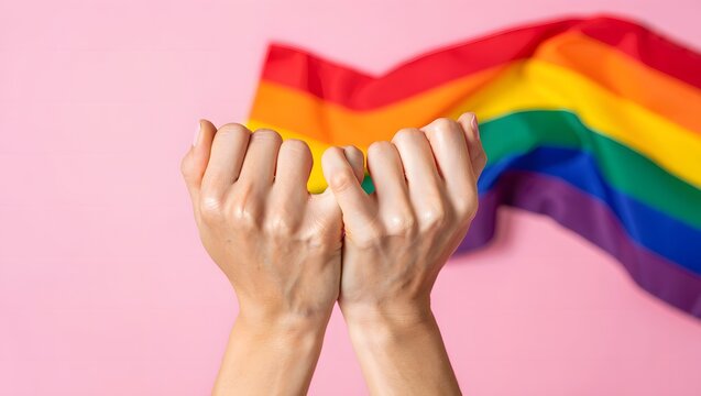 Pride Month Celebration with Colorful Rainbow Flag and Hands Raised