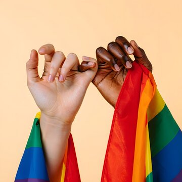 Hands Holding Pride Flags Against Vibrant Rainbow Background