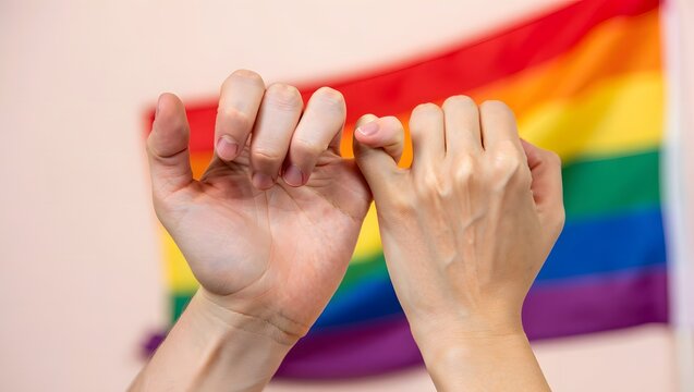 Hands Making Promise Gesture in Front of Rainbow Flag Background