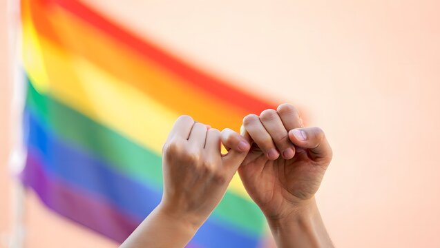 Hands Making a Promise with Rainbow Flag in Background