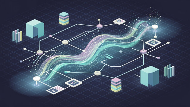Futuristic blockchain network with rising data chart.