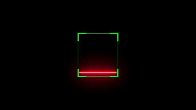 Minimalist digital scanning frame animation with a red laser line, representing biometric scanning, security, facial recognition, and data analysis on a black background.