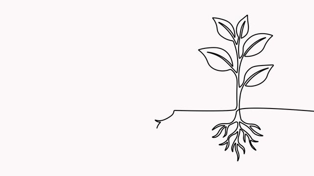 Continuous single-line drawing animation showing plant growth stages in reverse from a mature sapling back to a seed on a white background.