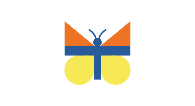 Geometric butterfly logo using orange and blue rectangles.