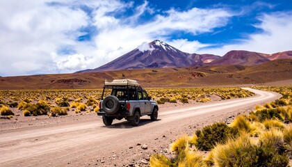 Fototapeta premium Rugged Off Road Vehicle Driving on Desert Dirt Road Below Snow Capped Mountain