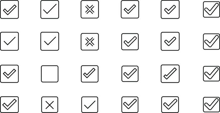 Checkmark and X icon grid, task symbols, pattern puzzle layout, black line style, vector illustration