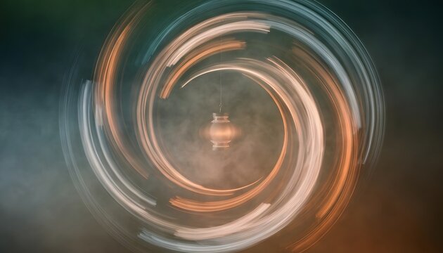 Circular vortex of glowing copper and silver light trails. Magical portal and time travel concept. Small metallic pendulum hanging stationary inside a rapidly spinning energy field.
