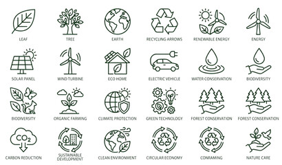 Obraz premium Ecology Linear Icon Set with Nature Renewable Energy and Environmental Sustainability Symbols