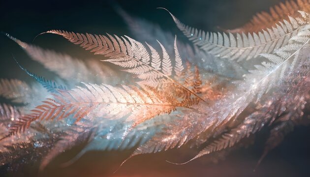 Frosted fern leaves sparkling with warm glowing light. Enchanted forest and magical winter concepts. Botanical plant shining brightly with ethereal magical dust.