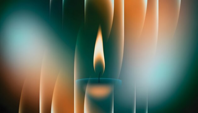 Glowing candle flame blending with smooth vertical abstract shapes. Peaceful meditation and spiritual hope concept. Solitary fire burning gently in a soft colorful blurred background.