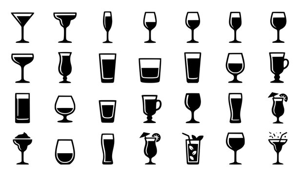 Black Cocktail Glass Silhouette Set with Bar Drinkware and Beverage Icons
