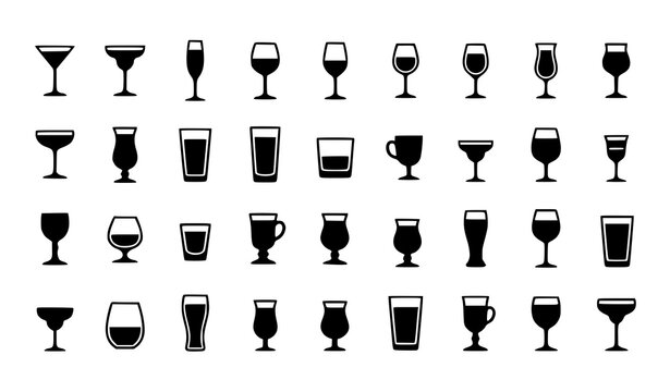Black Isolated Cocktail Glass Vector Set with Beverage and Drinkware Silhouettes