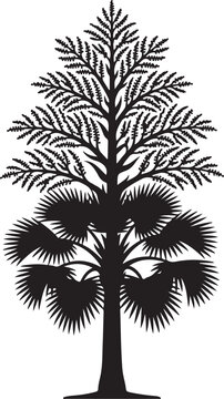 Black Talipot Palm Tree Silhouette: Flowering Corypha Umbraculifera Icon with Inflorescence and Fan Leaves. Exotic Botanical Stencil Graphic and Tattoo Design Isolated on White - Generative AI