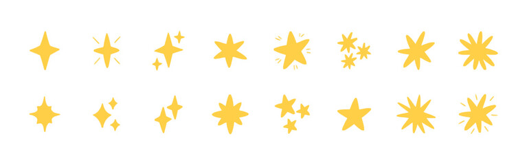 Obraz premium Doodle Star Sparkle Icons Set, Hand Drawn Yellow Shapes Collection