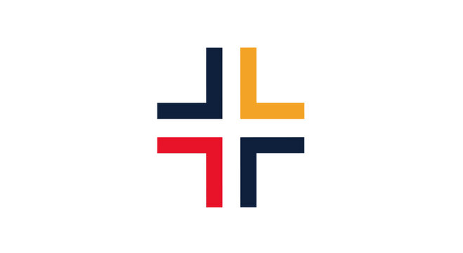 Geometric plus cross logo with primary color segments.