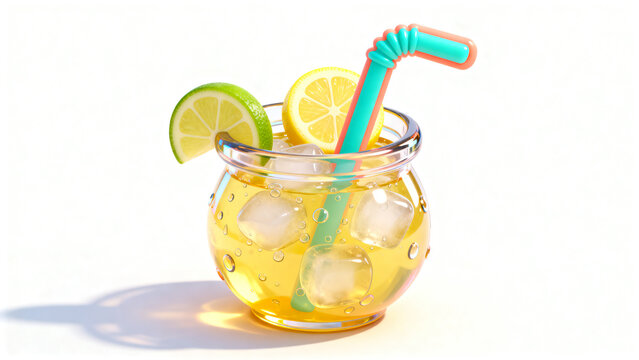 Refreshing citrus drink with ice, slice, and bendy straw in clear glass. Bright 3D illustration isolated on white for summer menu, ad, mockup, copyspace.