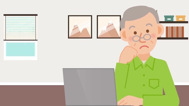 Worried Senior Man Looking at Laptop Screen or Working from Home Animation