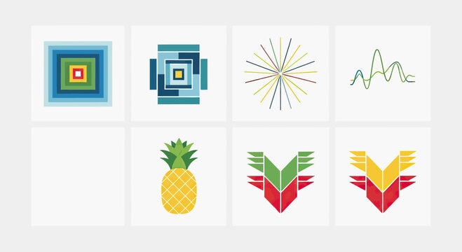 Geometric square patterns and pineapple fruit icons.