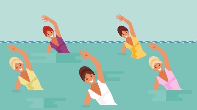 Group of Diverse Women Practicing Synchronized Swimming or Water Aerobics Animation