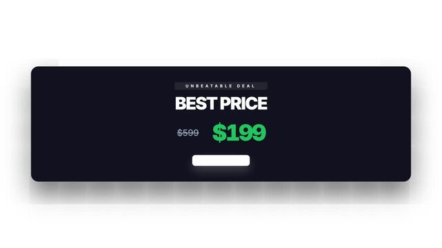 Animated price discount display, dynamic price tag with discount, promotional offer changing from $599 to $466 then to $199 on screen, seamless loop, symbolizing savings and deals