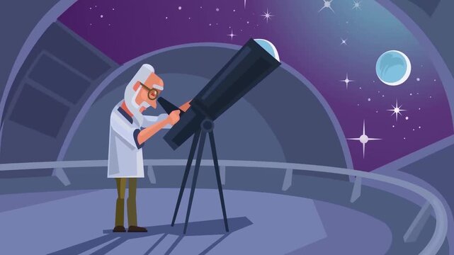 Elderly Scientist Looking through Telescope at Nebula Stars Outer Space Animation