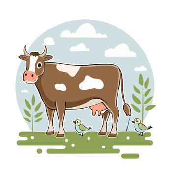 Flat design illustration of a brown and white cow in nature