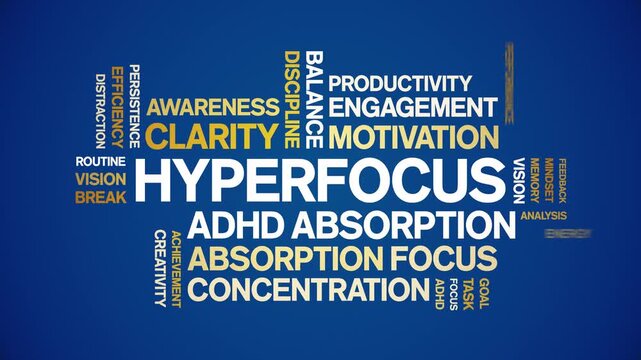 Hyperfocus animated word cloud-text design animation tag kinetic typography seamless loop.