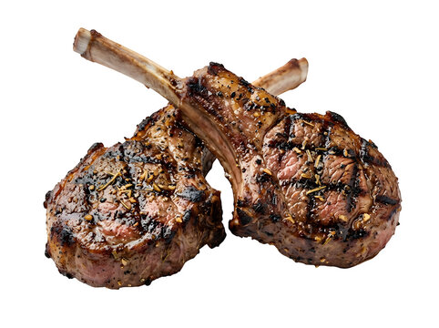 Two delicious grilled lamb chops with herbs and spices ready to eat for a gourmet dinner main course isolated on transparent background