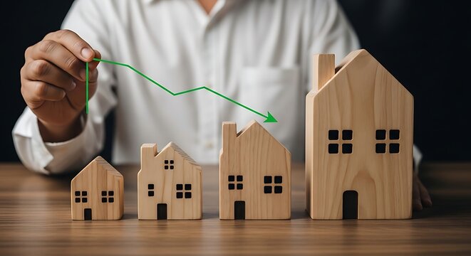 Hand holding green arrow graph pointing down over wooden house models on table home miniature