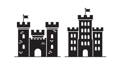 Castle Icons on White Background, Two Gray Medieval Towers with Flags, Vector-Style Graphic for Architecture Design and Travel Themes © MissBeauty