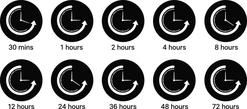 Circular clock timer icon set featuring 30 minutes to 72 hours intervals for countdown, scheduling, and productivity design projects