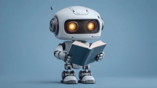 Cute futuristic robot reading book isolated on blue background, artificial intelligence learning, education concept with small smart android holding open novel